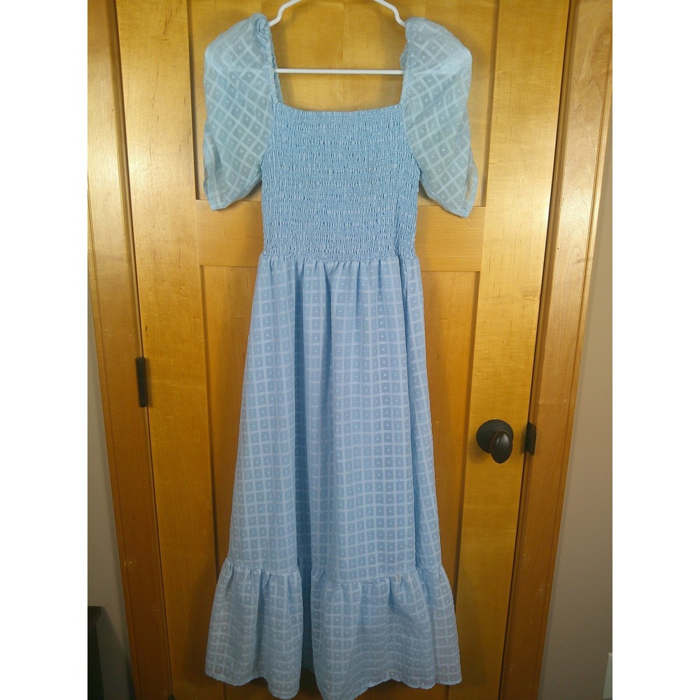 SHEIN Light Blue Swiss Dot Smocked Maxi Dress Cottagecore Puff Sleeve Small